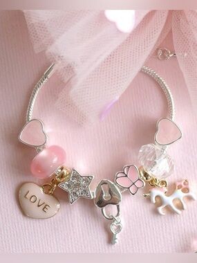 Silver Charm Bracelet with Pink Heart and Love Charms